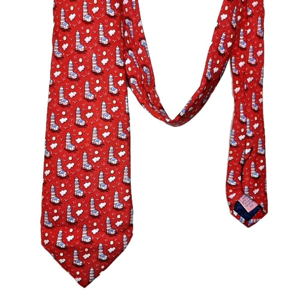 Vineyard Vines Tie Red Men Marthas Vineyard Lighthouse 100% Silk Handmade